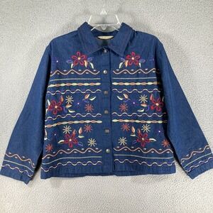 Bechamel Petites Top Women's Petite Medium Blue Chambray Embroidered Button Up